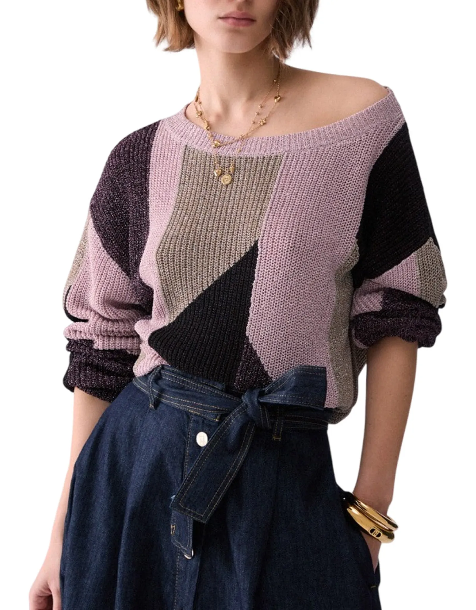 Liujo Jeans Maglia Con Intarsi Lame Liujo Rosa Wf6046Ms92P 185878