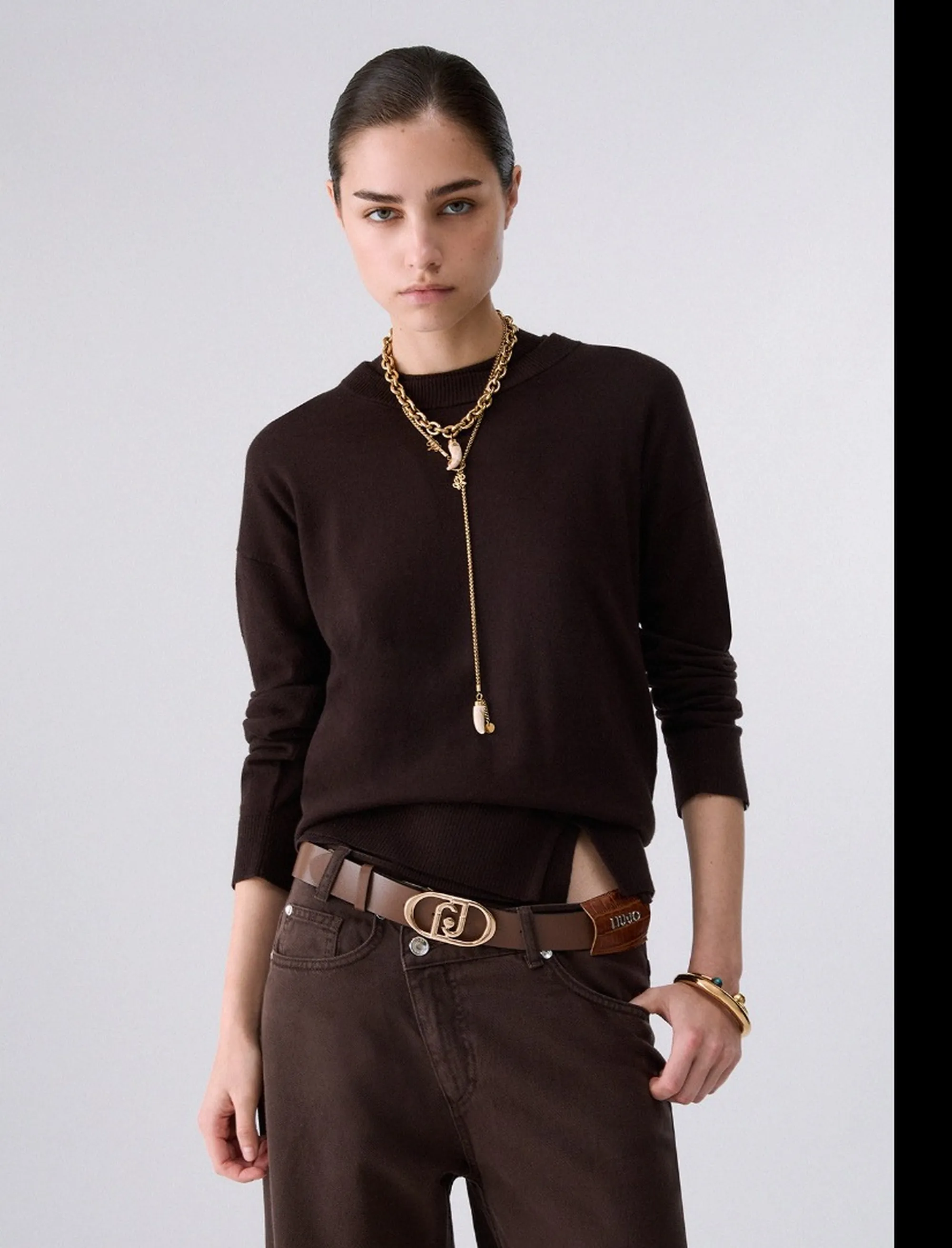 Liujo Jeans Maglia In Misto Lana Liujo Marrone Scuro Wf6418Ma16R 185640