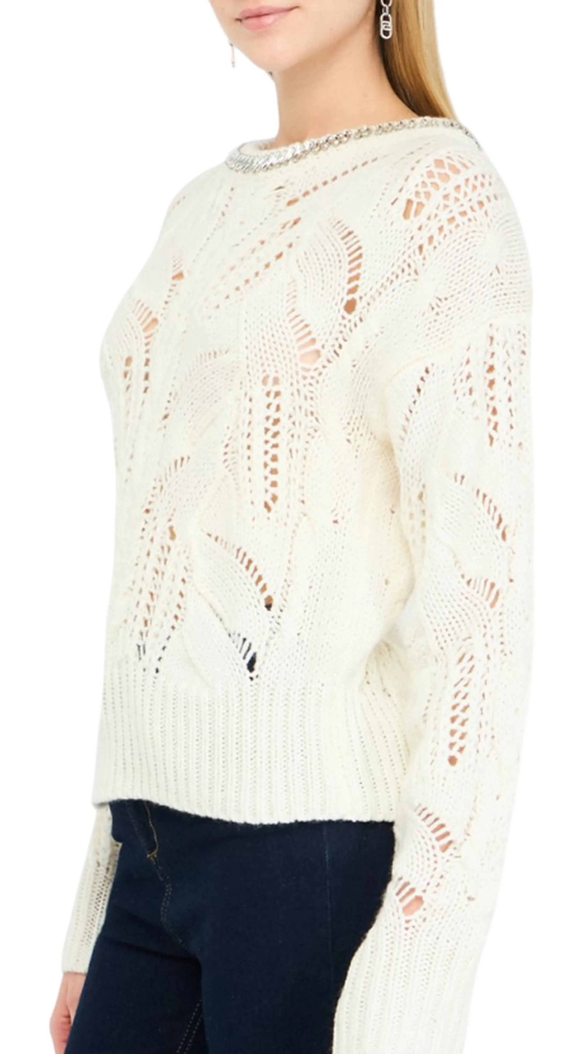 Liujo Jeans B'Openwork Sweater With Jewel Stones' White Mf5452Ma37R 159987