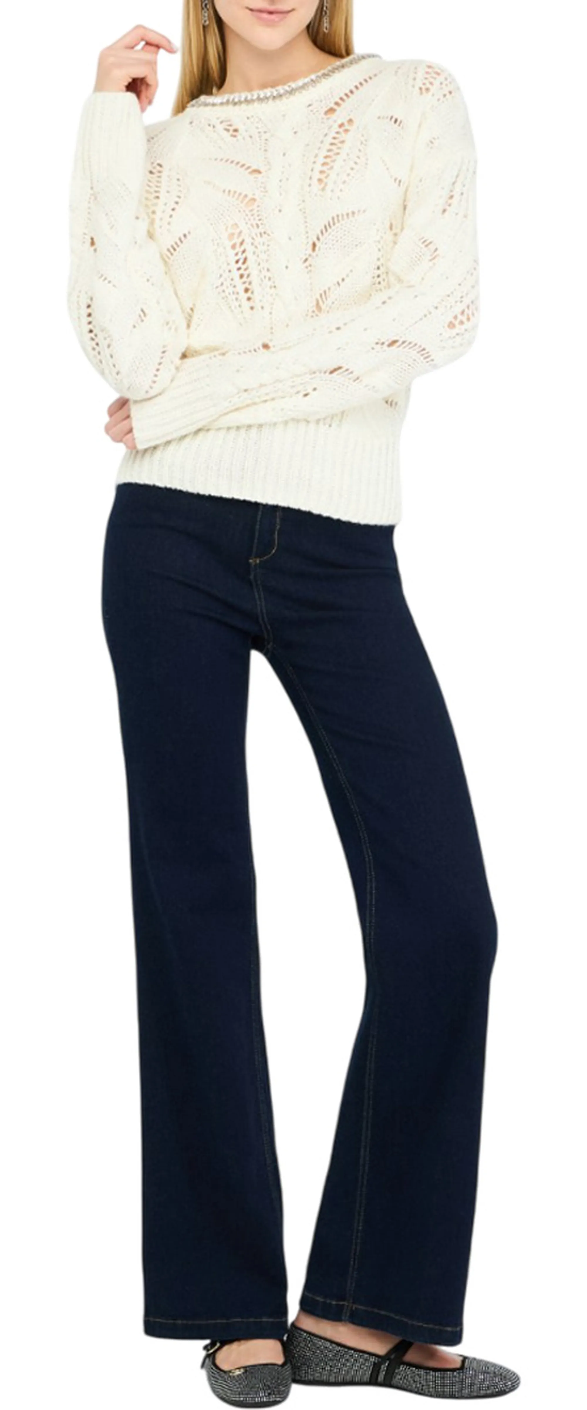 Liujo Jeans B'Openwork Sweater With Jewel Stones' White Mf5452Ma37R 159988