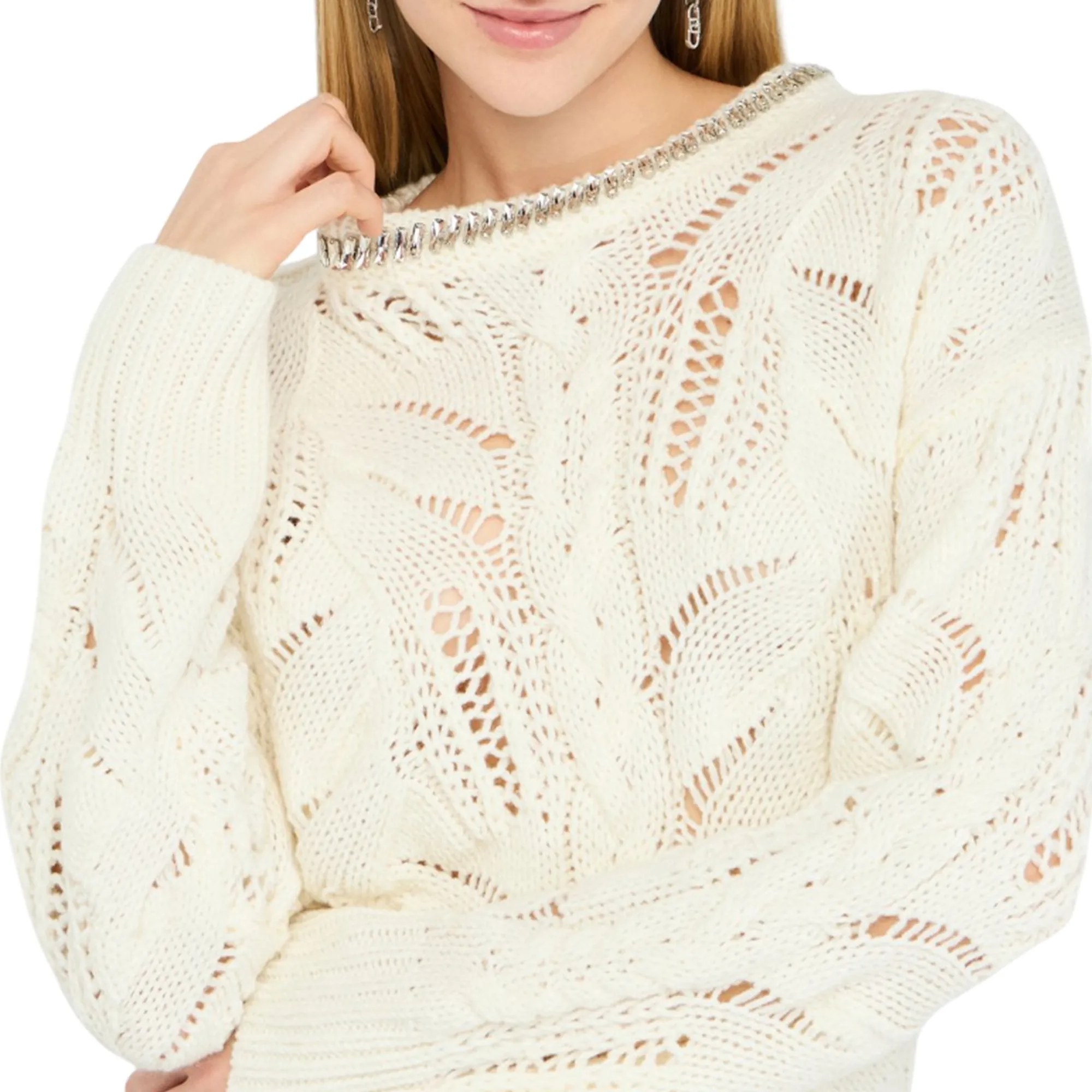 Liujo Jeans B'Openwork Sweater With Jewel Stones' White Mf5452Ma37R 159992