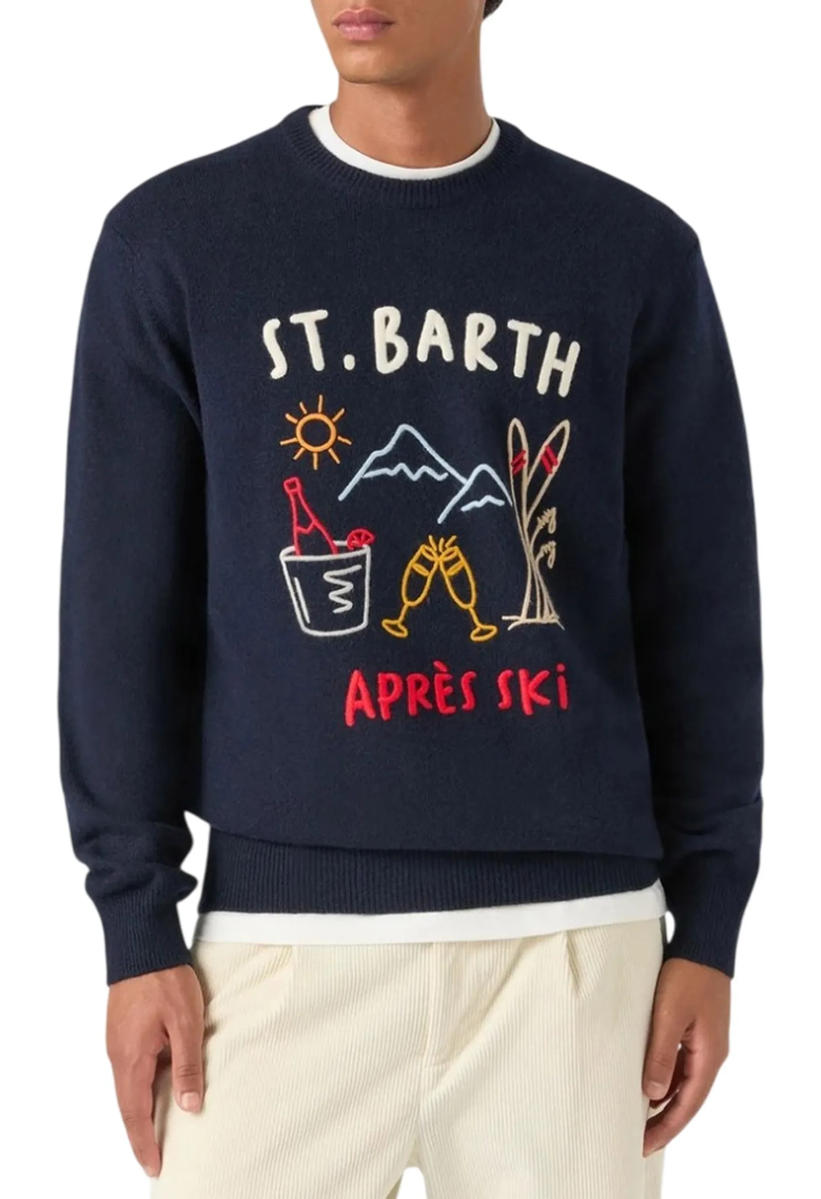 Mc2 Saint Barth Maglia Heron Con Intarsio E Ricamo Apres Ski Blu Her0001-00226M 193726