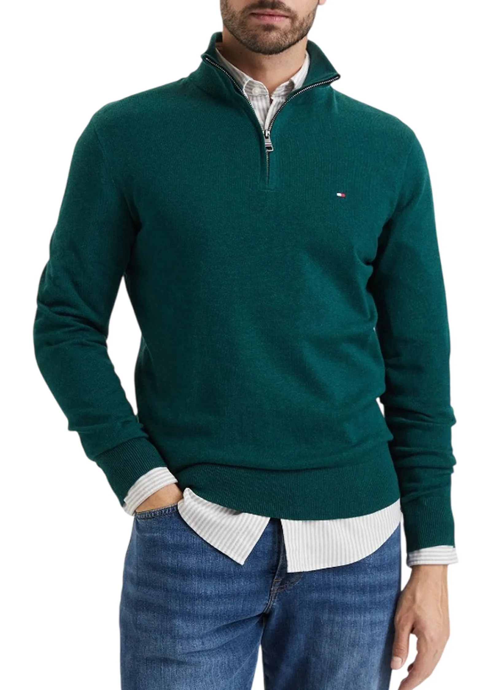 Tommy Hilfiger Pullover Con Mezza Zip E Nastro Iconico Verde Foresta Mw0Mw28049 185181